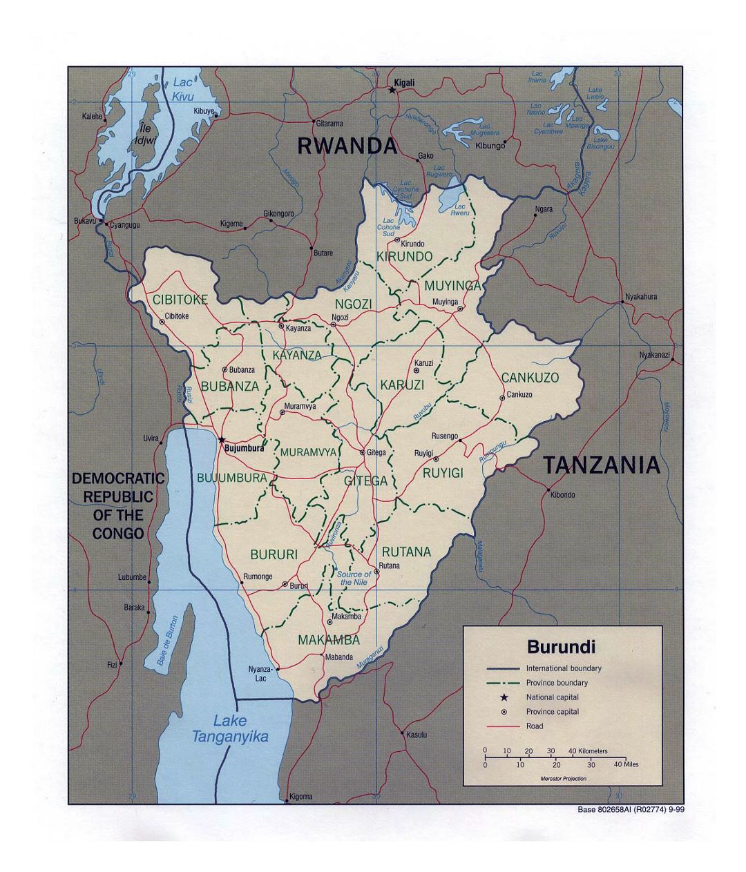 Детальная политическая и административная карта Бурунди с дорогами и крупными городами - 1999