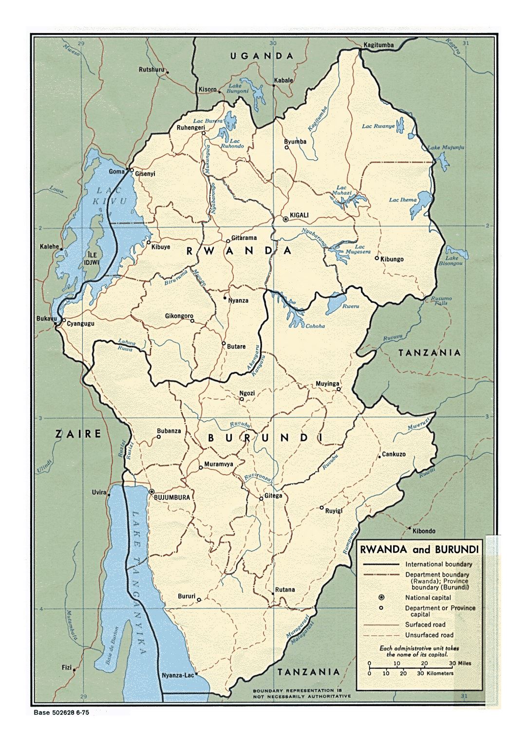Подробная политическая и административная карта Руанды и Бурунди с дорогами и крупными городами - 1975
