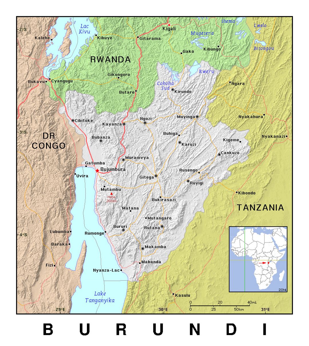 Детальная политическая карта Бурунди с рельефом
