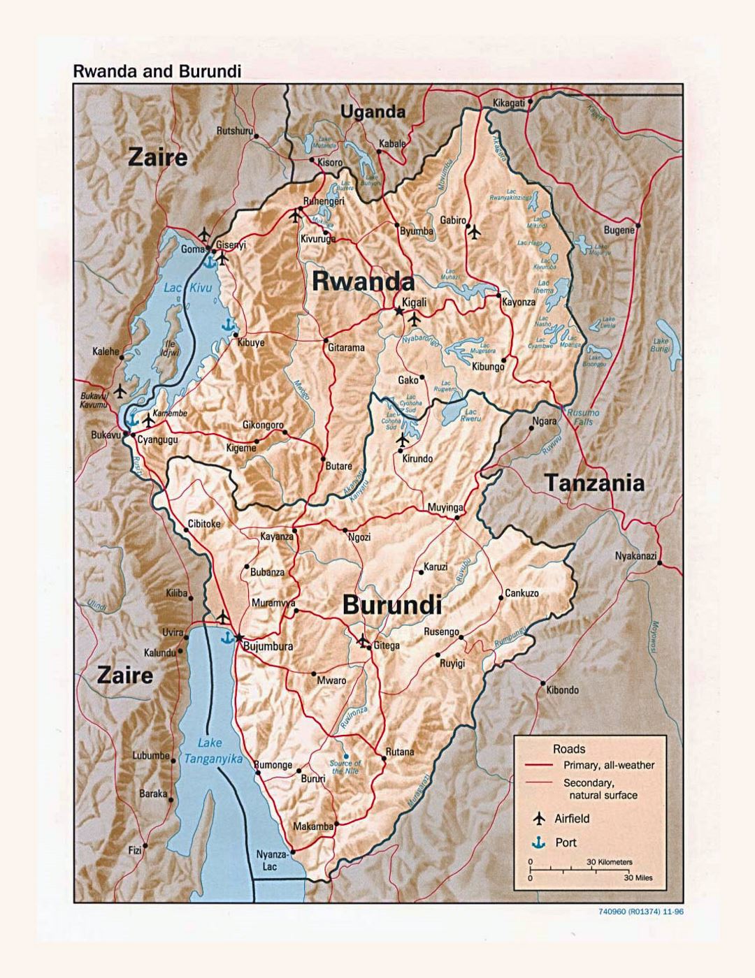 Детальная политическая карта Руанды и Бурунди с рельефом, дорогами, крупными городами, аэропортами и портами - 1996