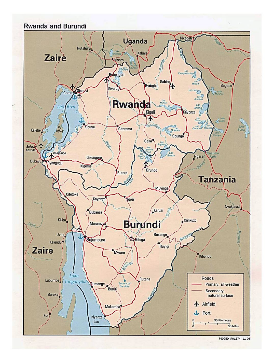 Подробная политическая карта Руанды и Бурунди с дорогами, крупными городами, аэропортами и портами - 1996