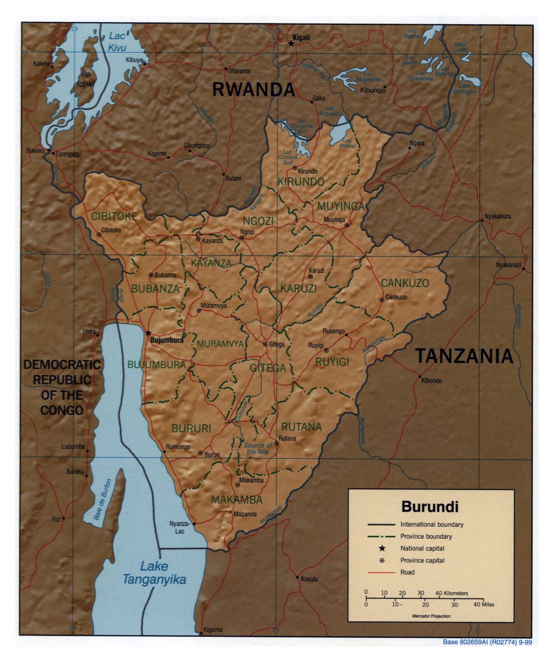 Большая детальная политическая и административная карта Бурунди с рельефом, дорогами и крупными городами - 1999
