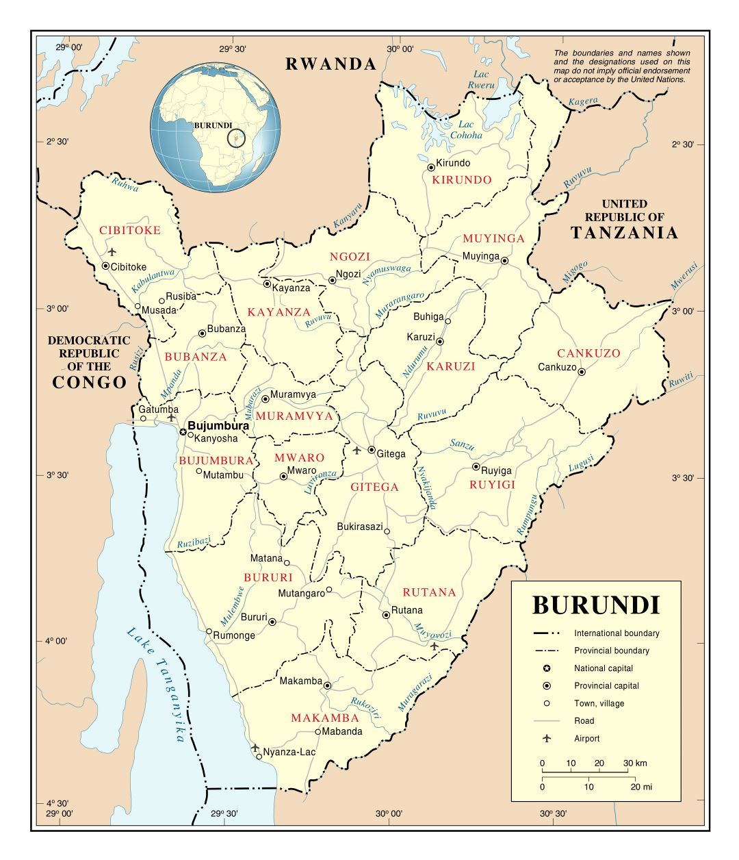 Большая подробная политическая и административная карта Бурунди с дорогами, крупными городами и аэропортами