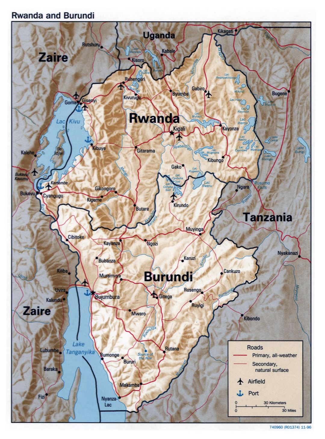 Большая детальная политическая карта Руанды и Бурунди с рельефом, дорогами, крупными городами, аэропортами и портами - 1996