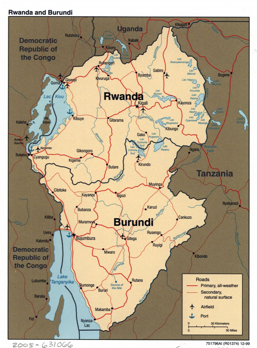 Большая детальная политическая карта Руанды и Бурунди с дорогами, крупными городами, аэропортами и портами - 1999