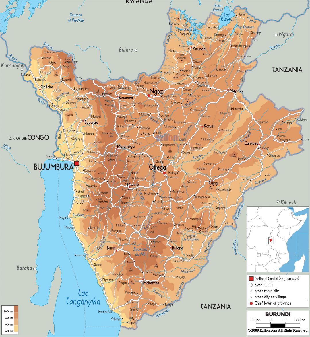 Большая физическая карта Бурунди с дорогами, городами и аэропортами