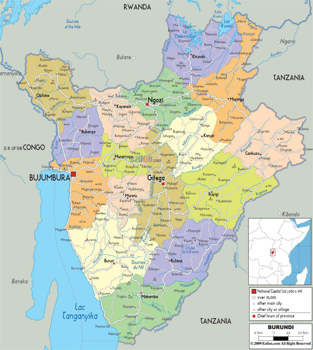 Большая политическая и административная карта Бурунди с дорогами, городами и аэропортами