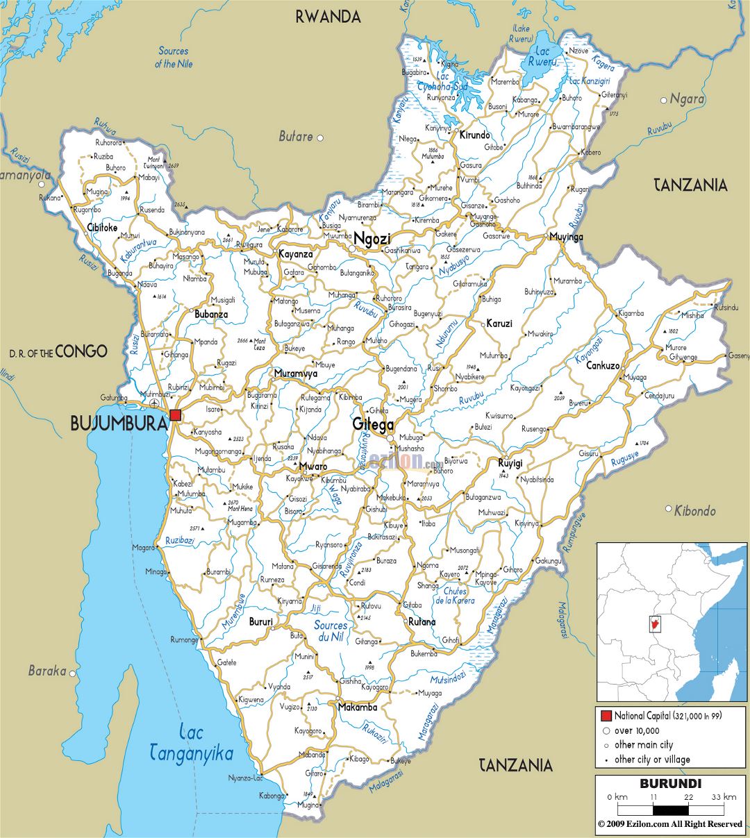 Большая карта дорог Бурунди с городами и аэропортами