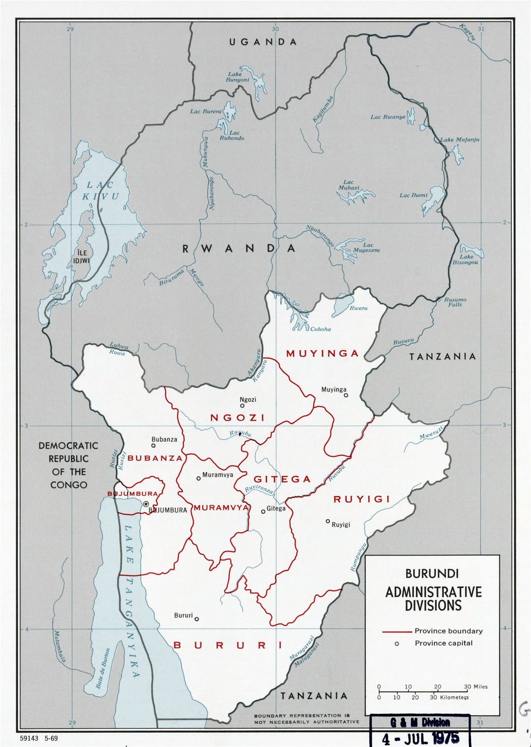 Крупномасштабная карта административных делений Бурунди - 1969