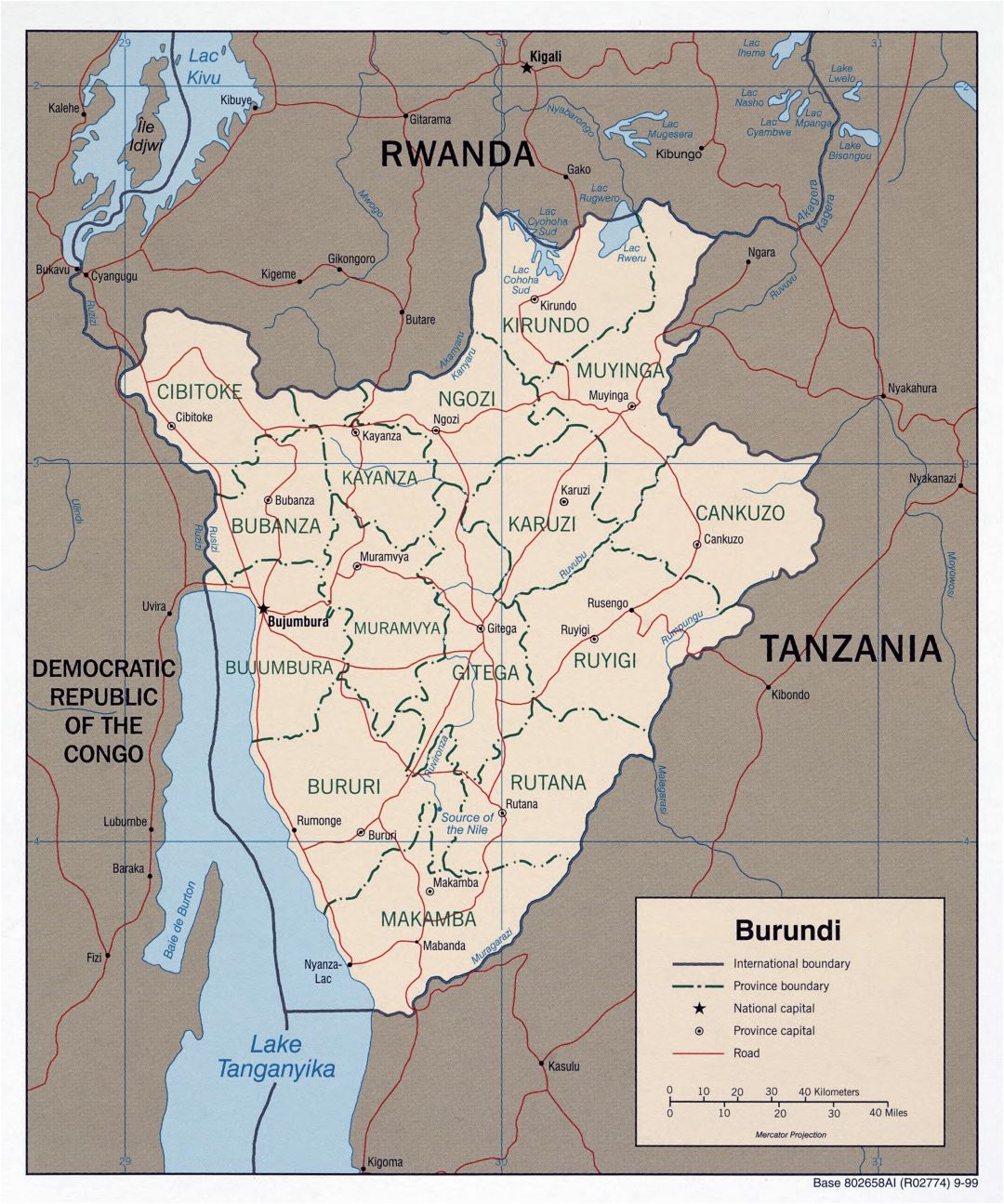 Крупномасштабная политическая и административная карта Бурунди с дорогами и крупными городами - 1999