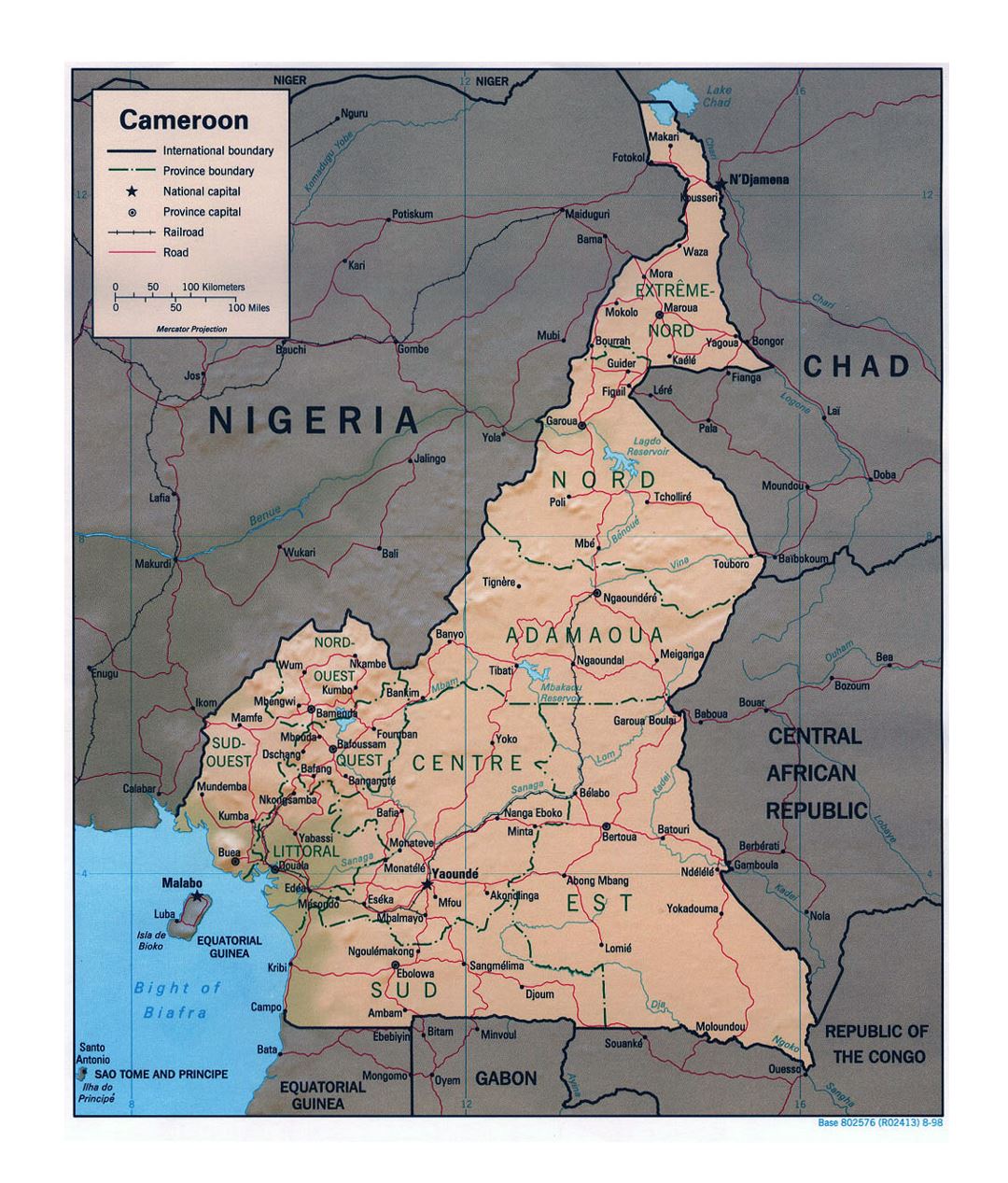 Детальная политическая и административная карта Камеруна с рельефом, дорогами, железными дорогами и крупными городами - 1998
