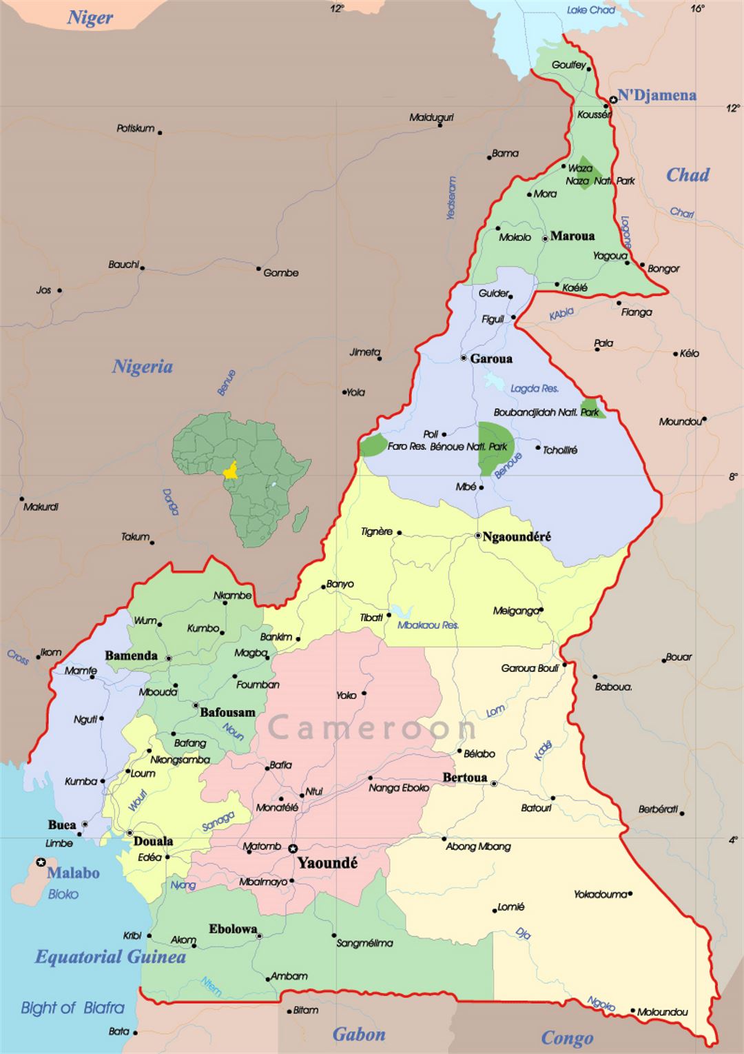 Детальная политическая и административная карта Камеруна с дорогами и городами