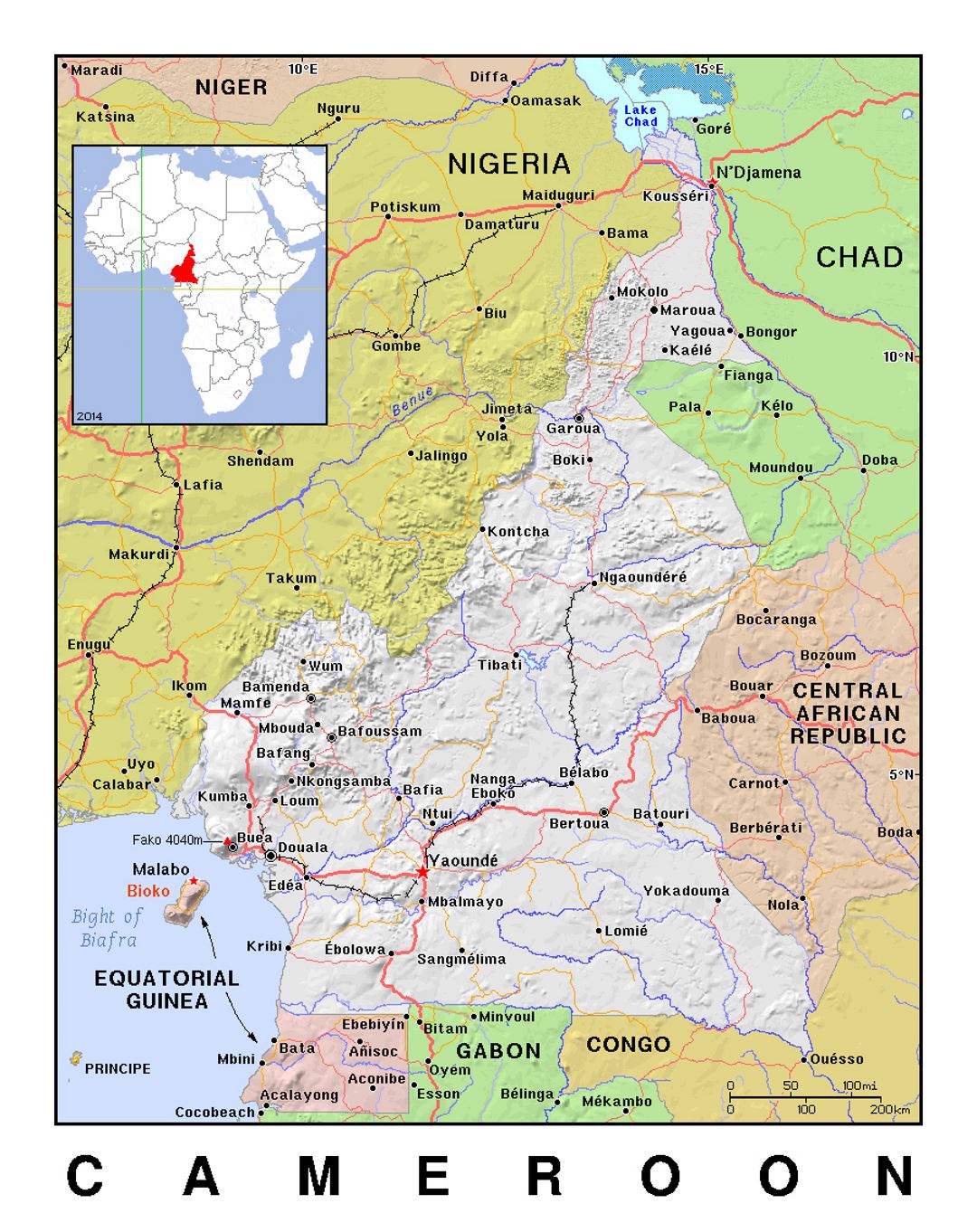 Детальная политическая карта Камеруна с рельефом