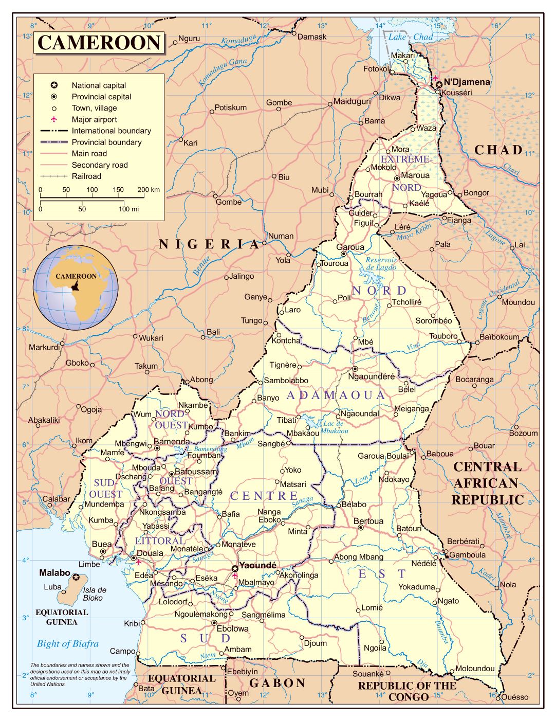 Большая детальная политическая и административная карта Камеруна с дорогами, городами и аэропортами