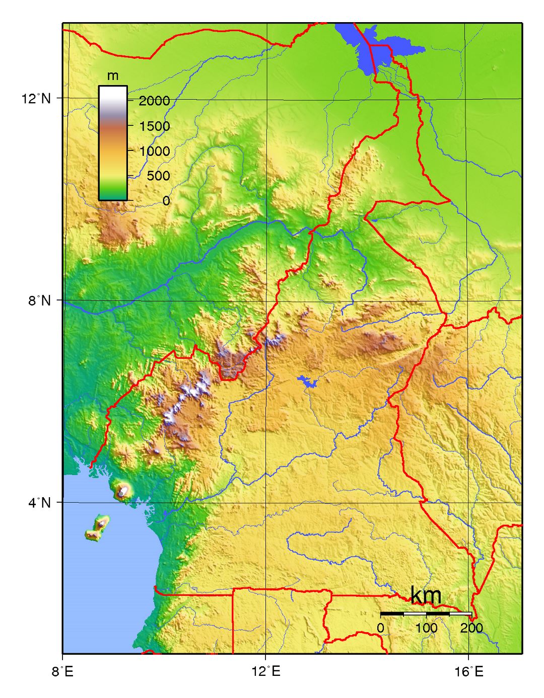 Большая физическая карта Камеруна
