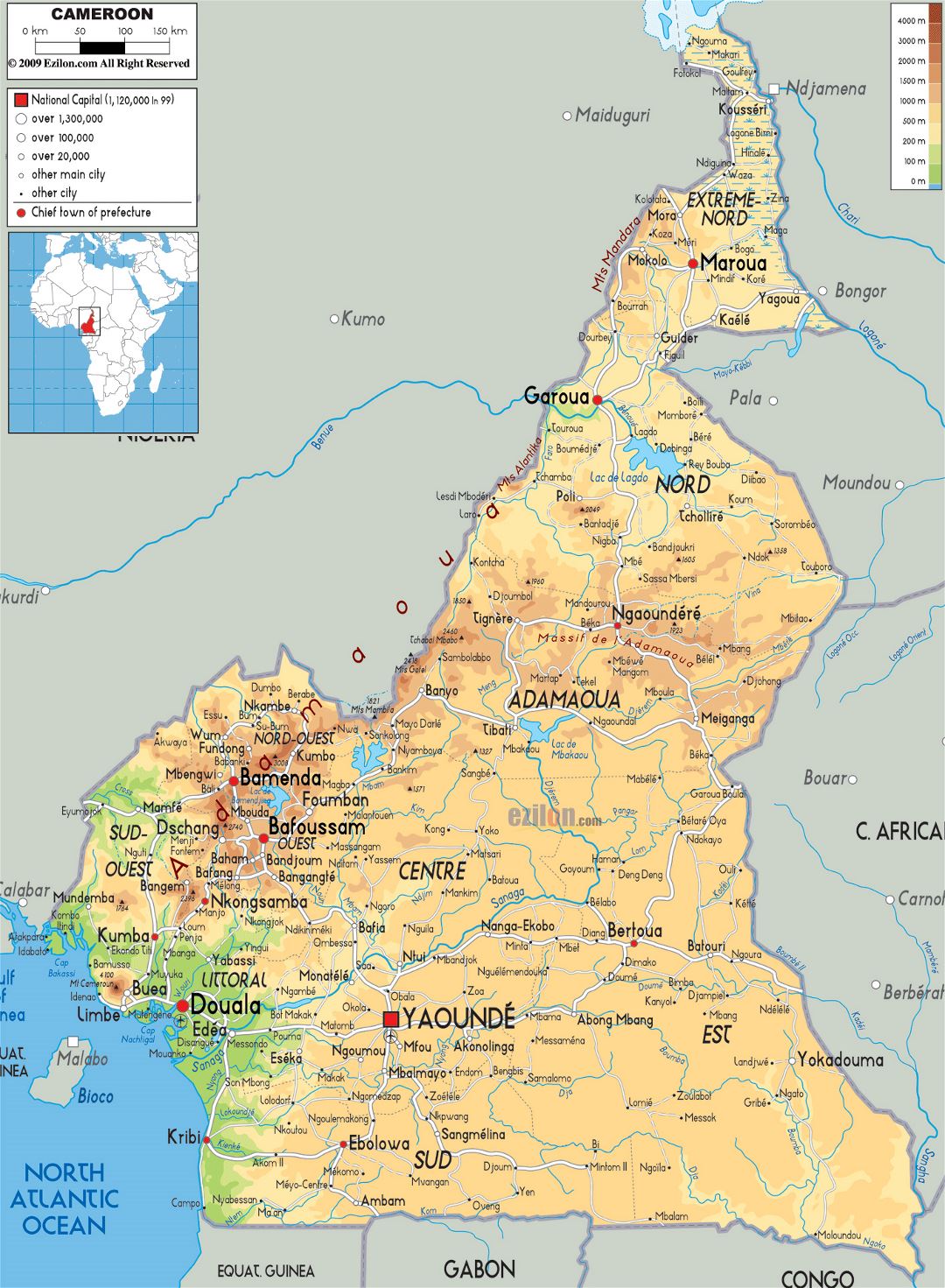 Большая физическая карта Камеруна с дорогами, городами и аэропортами