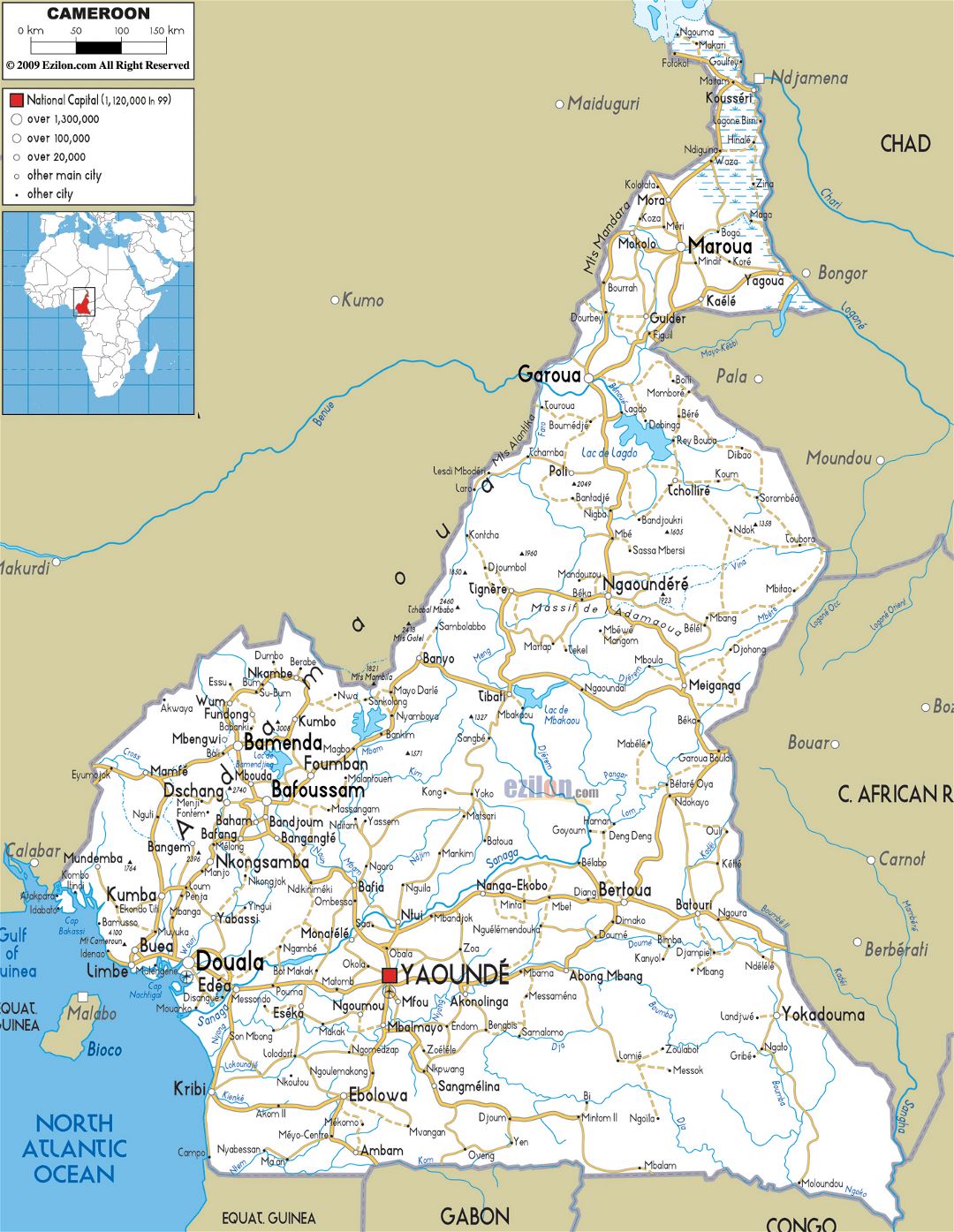 Большая карта дорог Камеруна с городами и аэропортами