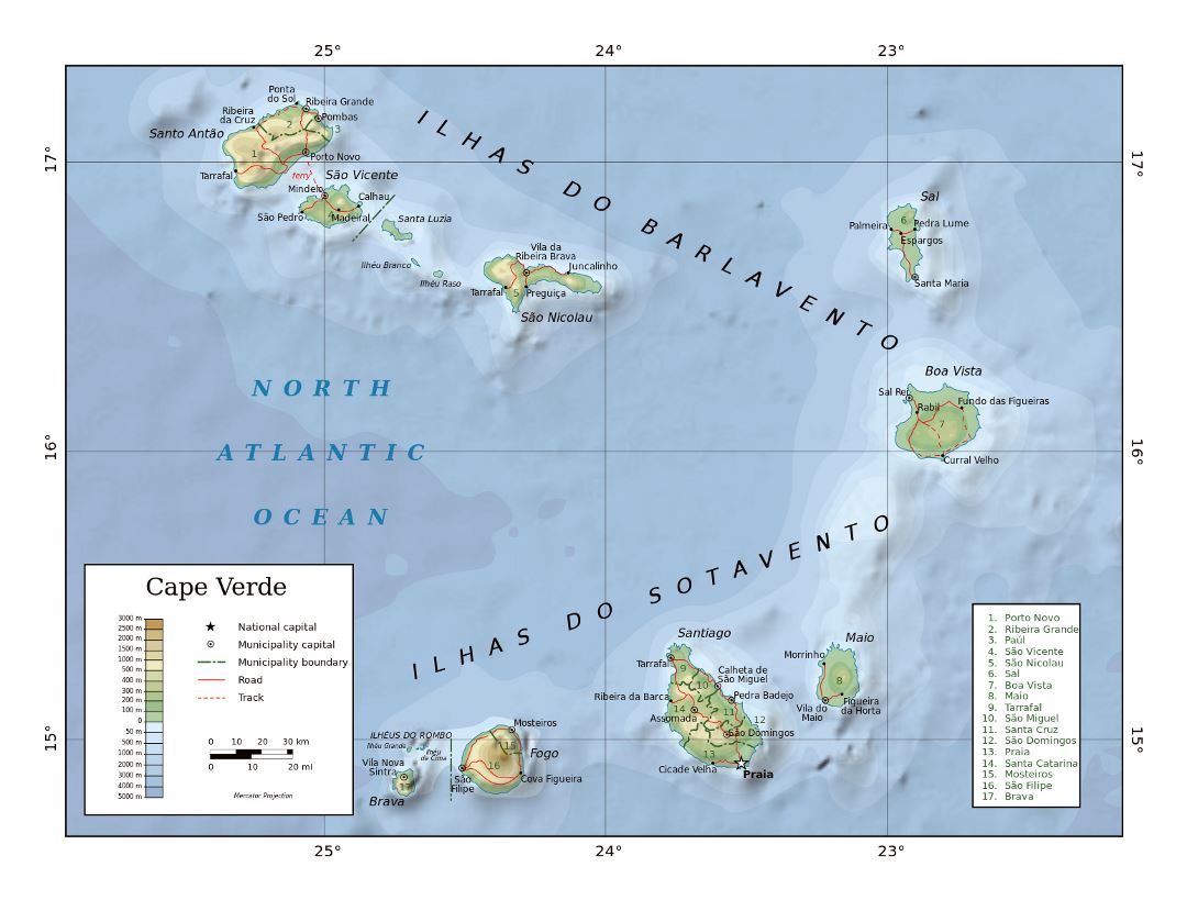 Большая физическая карта Кабо-Верде с административными делениями, дорогами и городами