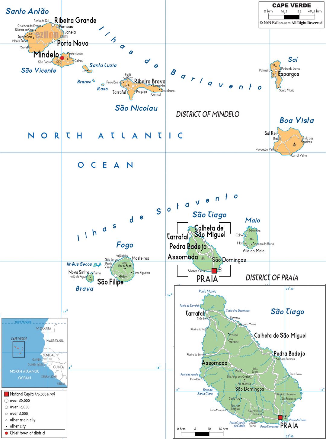 Большая политическая и административная карта Кабо-Верде с дорогами, городами и аэропортами