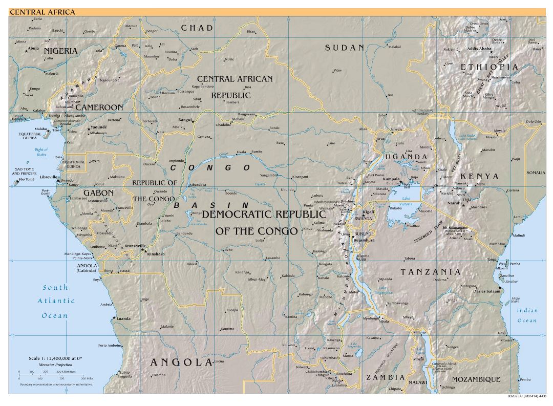 Политическая карта Центральной Африки с рельефом и крупными городами в большом формате - 2000