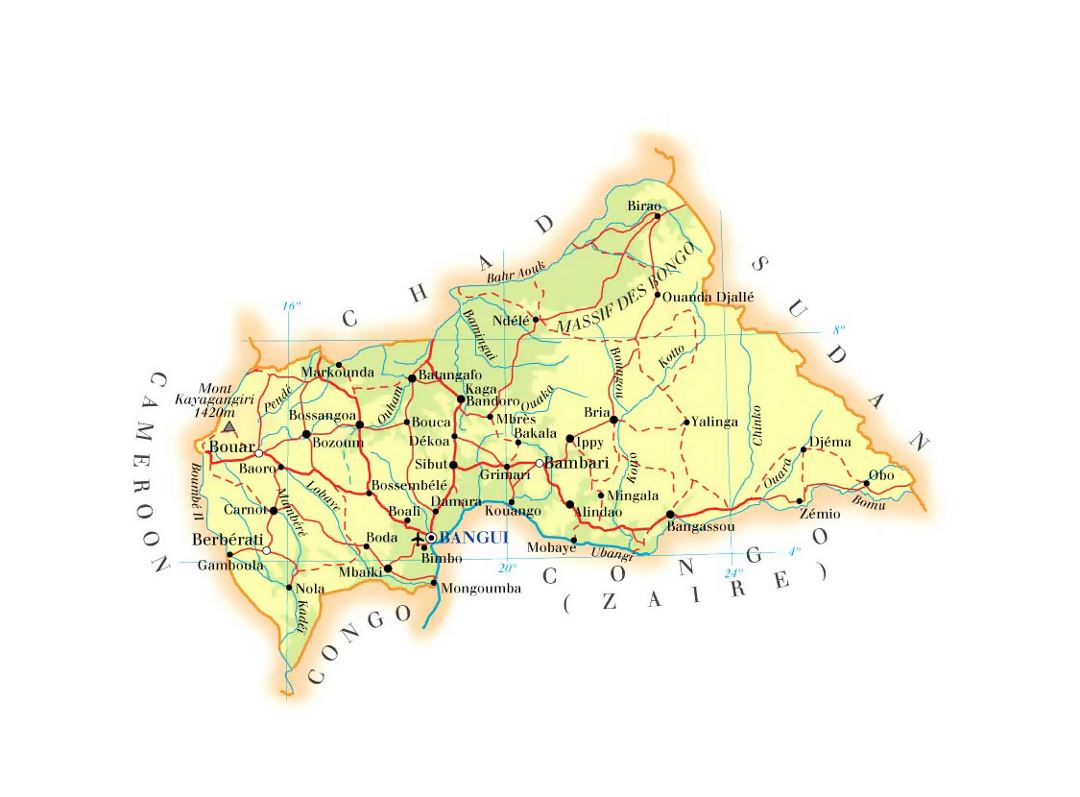 Детальная карта высот Центральноафриканской Республики с дорогами, городами и аэропортами