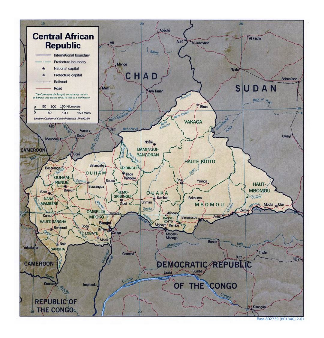 Детальная политическая и административная карта Центральноафриканской Республики с рельефом, дорогами, железными дорогами и крупными городами - 2001