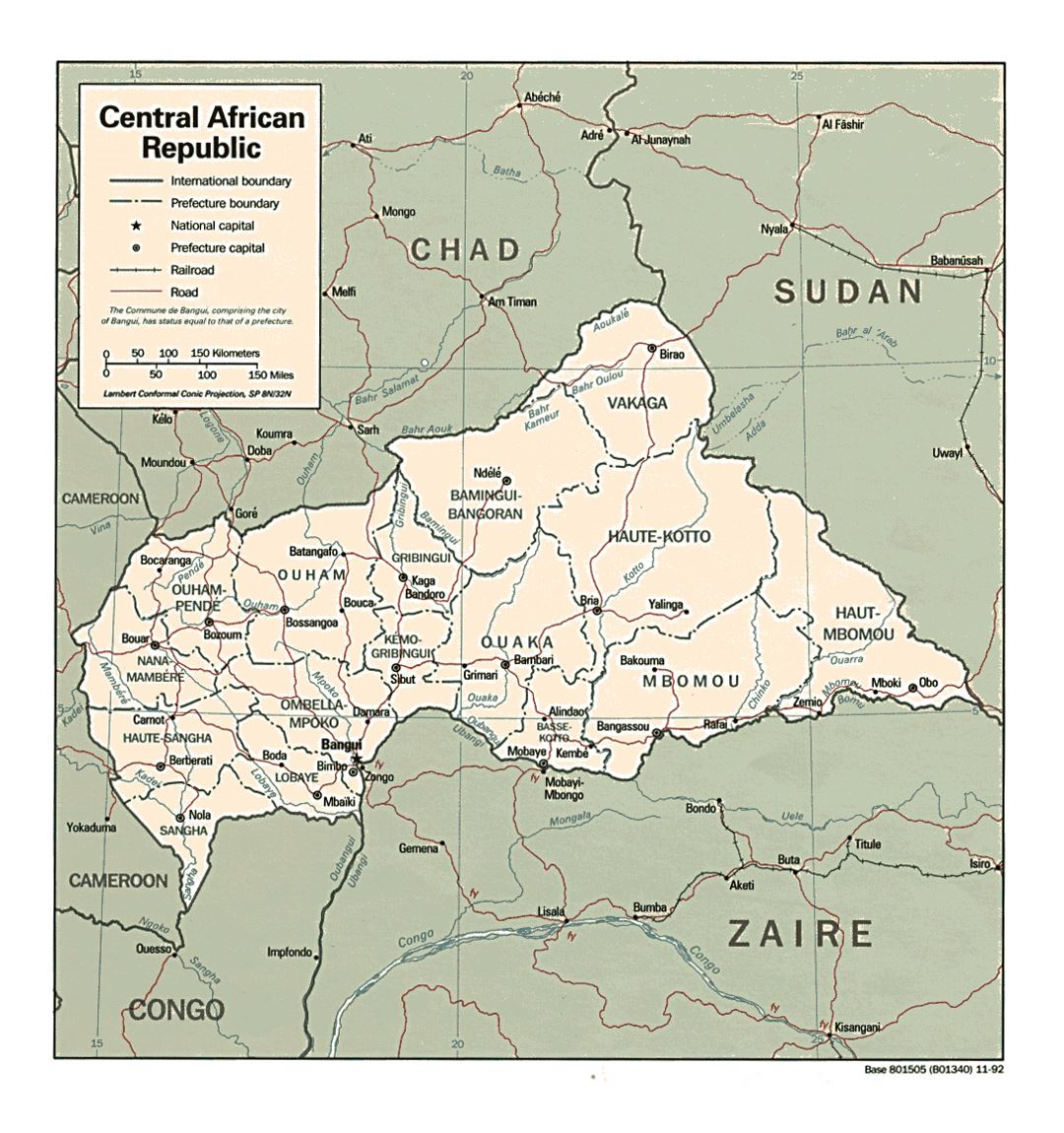 Детальная политико-административная карта Центральноафриканской Республики с дорогами, железными дорогами и крупными городами - 1992