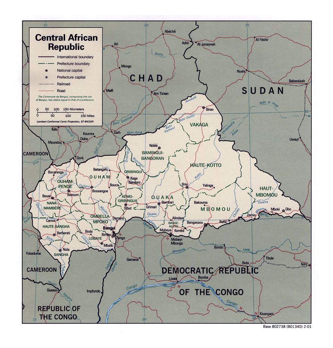 Детальная политическая и административная карта Центральноафриканской Республики с дорогами, железными дорогами и крупными городами - 2001