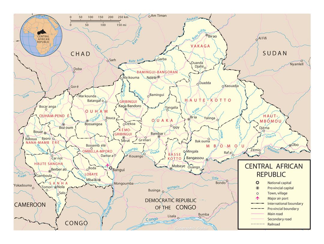 Детальная политическая и административная карта Центральноафриканской Республики с дорогами, железными дорогами, крупными городами и аэропортами
