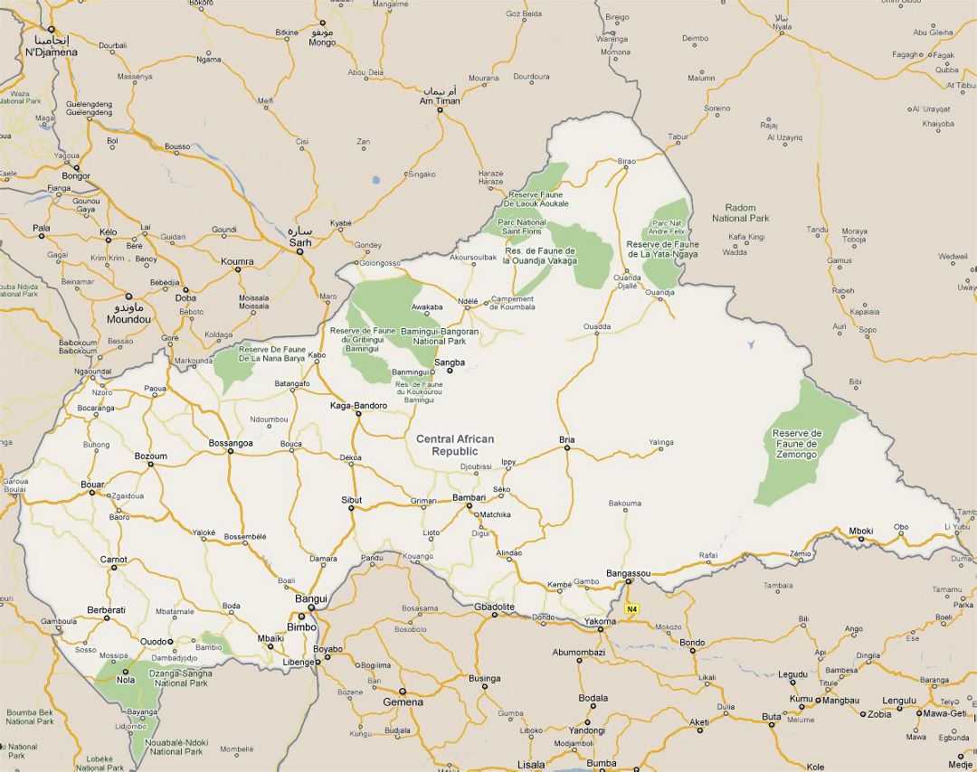 Детальная карта дорог Центральноафриканской Республики со всеми городами