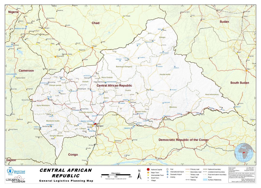 Большая детальная карта Центральноафриканской Республики с другими пометками