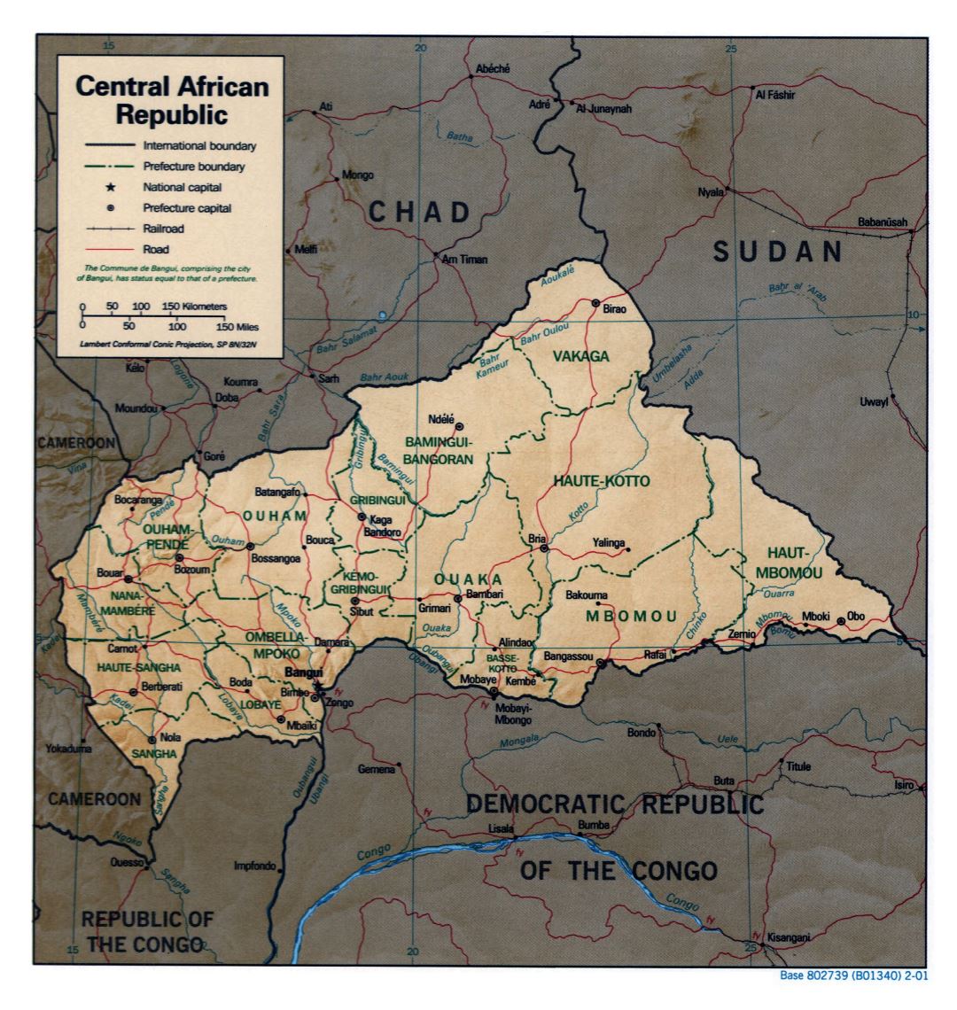 Большая детальная политическая и административная карта Центральноафриканской Республики с рельефом, дорогами, железными дорогами и крупными городами - 2001
