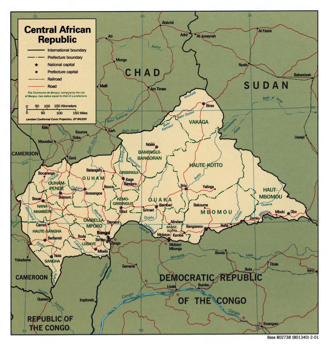 Большая детальная политическая и административная карта Центральноафриканской Республики с дорогами, железными дорогами и крупными городами - 2001