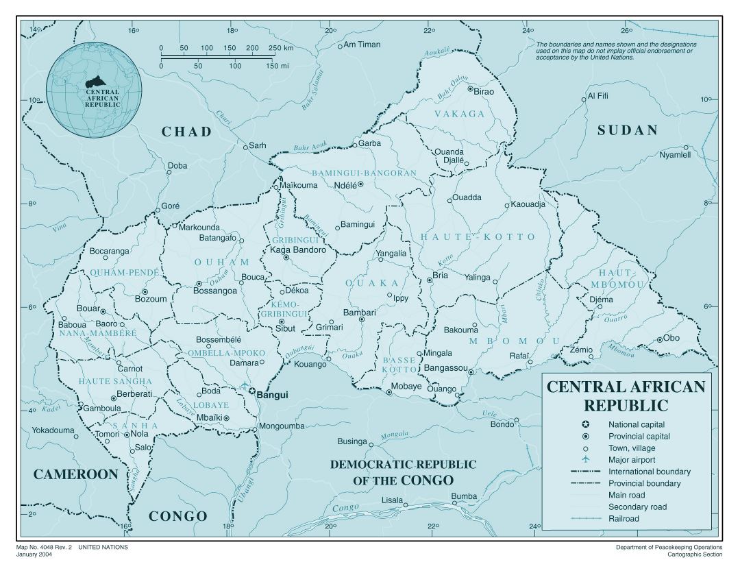 Большая детальная политическая и административная карта Центральноафриканской Республики с дорогами, железными дорогами, городами и аэропортами