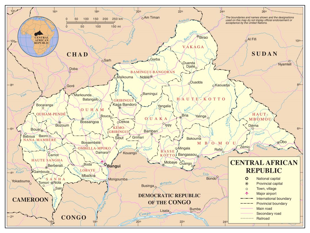 Большая детальная политическая и административная карта Центральноафриканской Республики с дорогами, железными дорогами, крупными городами и аэропортами