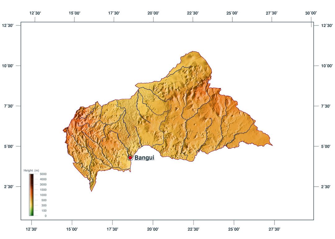 Большая карта высот Центральноафриканской Республики
