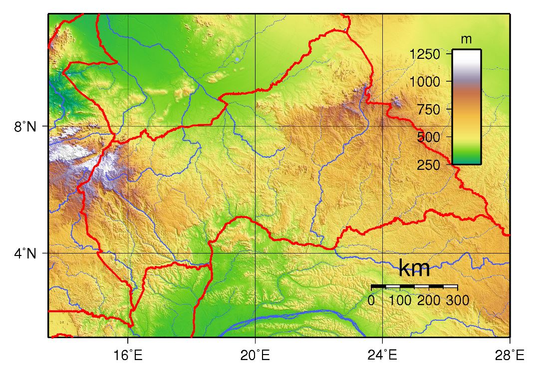 Большая физическая карта Центральноафриканской Республики