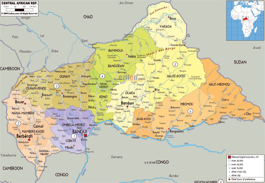 Большая политическая и административная карта Центральноафриканской Республики с дорогами, городами и аэропортами