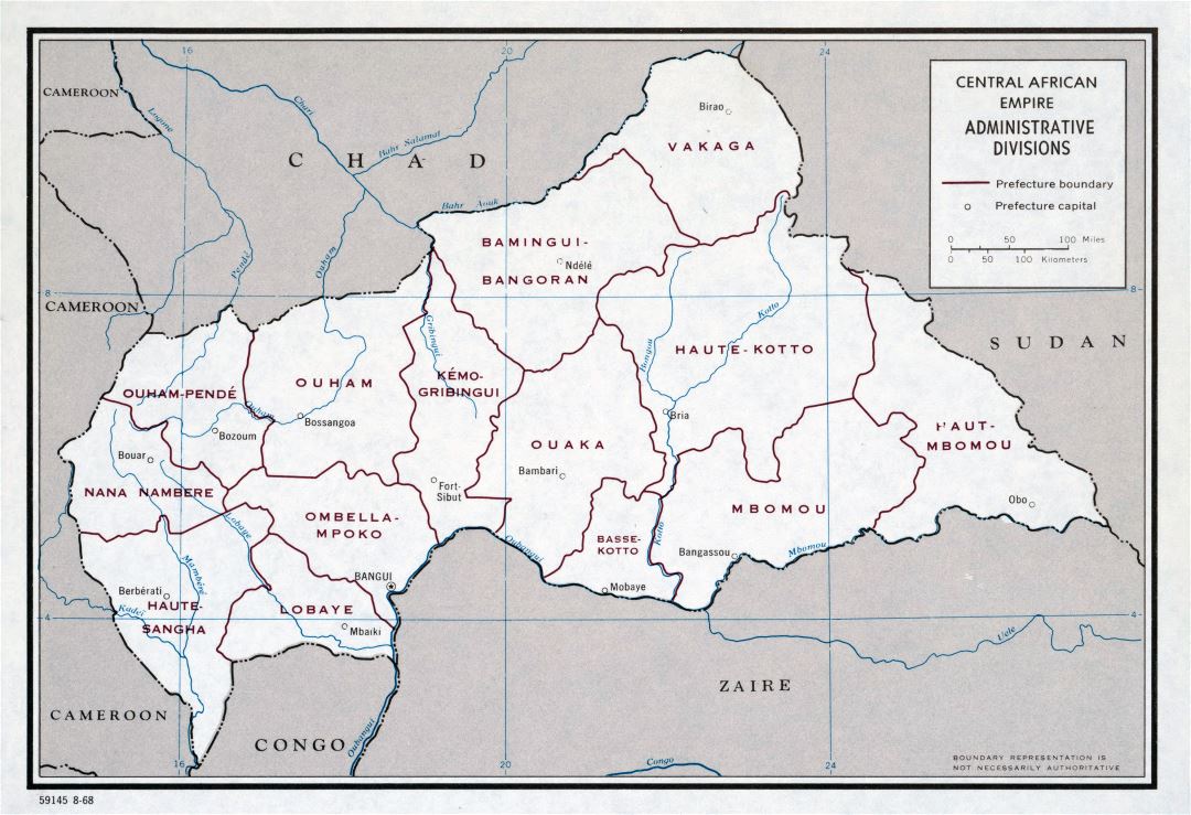 Крупномасштабная карта административных делений Центральноафриканской Империи - 1968