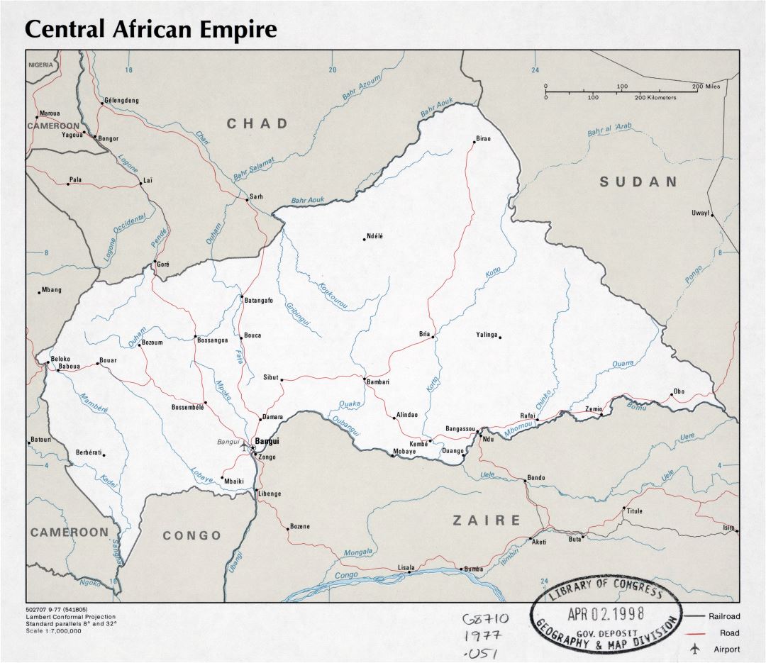 Крупномасштабная политическая карта Центральноафриканской Империи с дорогами, городами и аэропортами - 1977