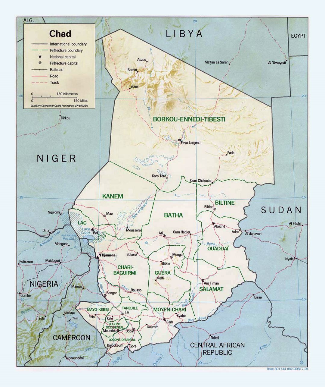 Детальная политическая и административная карта Чада с рельефом, дорогами и крупными городами - 1991