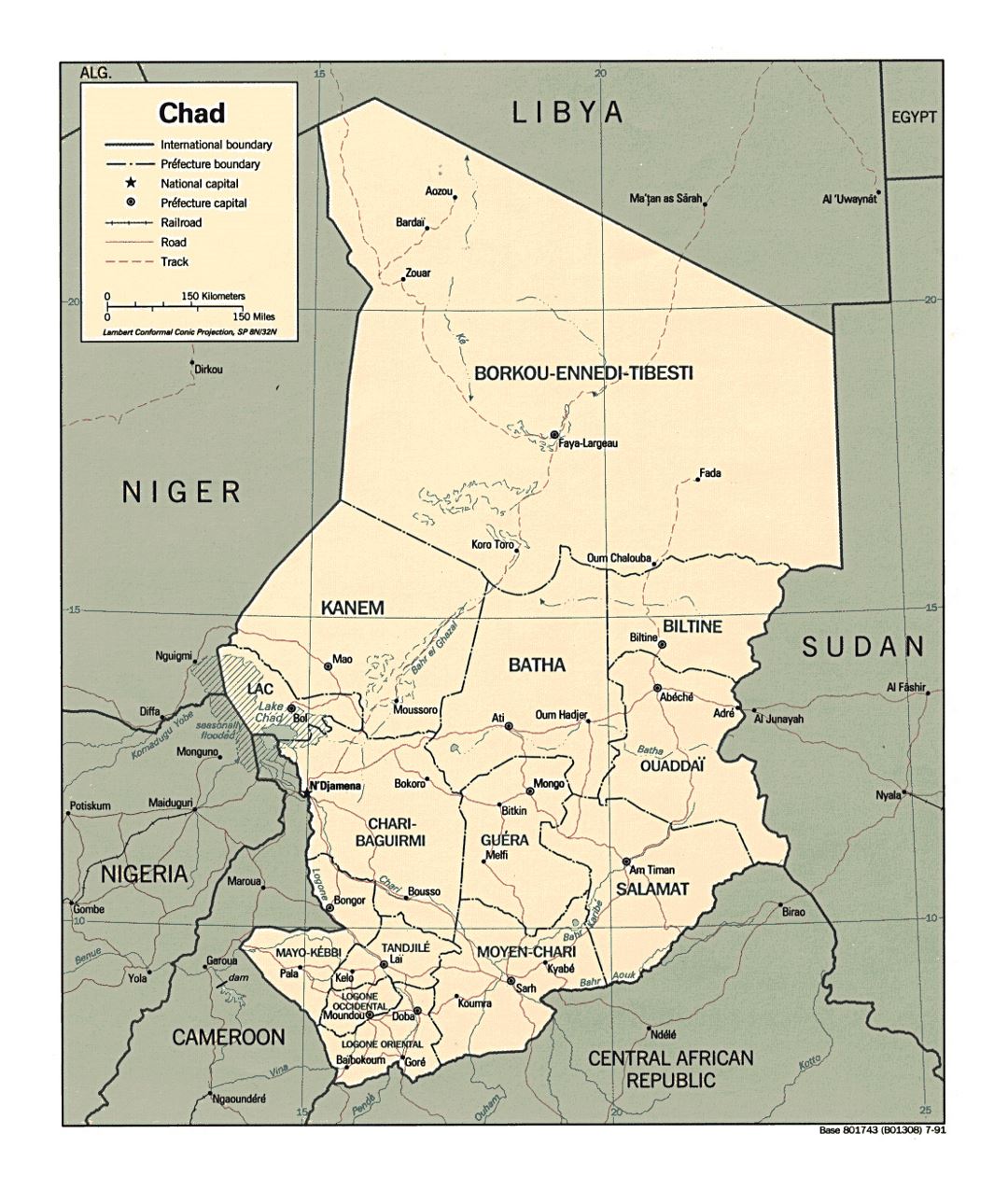 Детальная политическая и административная карта Чада с дорогами и крупными городами - 1991