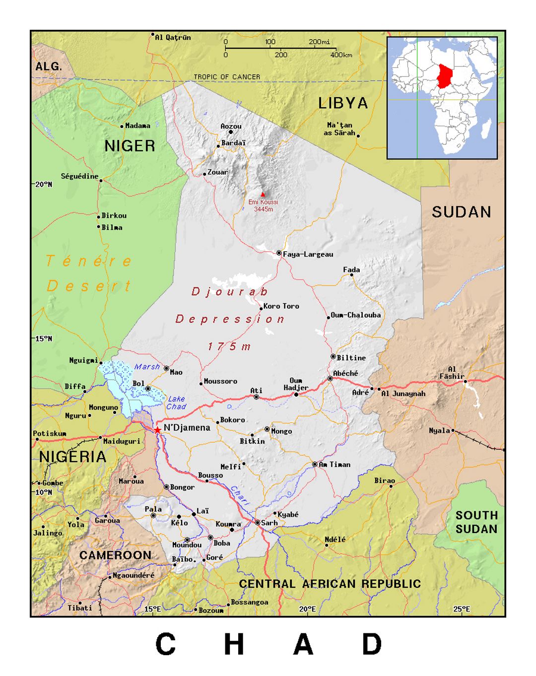 Детальная политическая карта Чада с рельефом