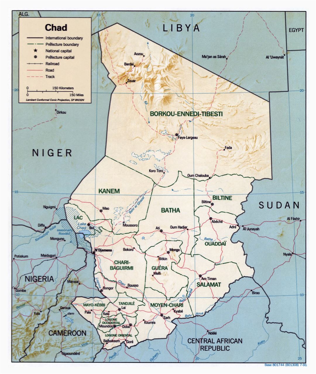 Большая детальная политическая и административная карта Чада с рельефом, дорогами и крупными городами - 1991