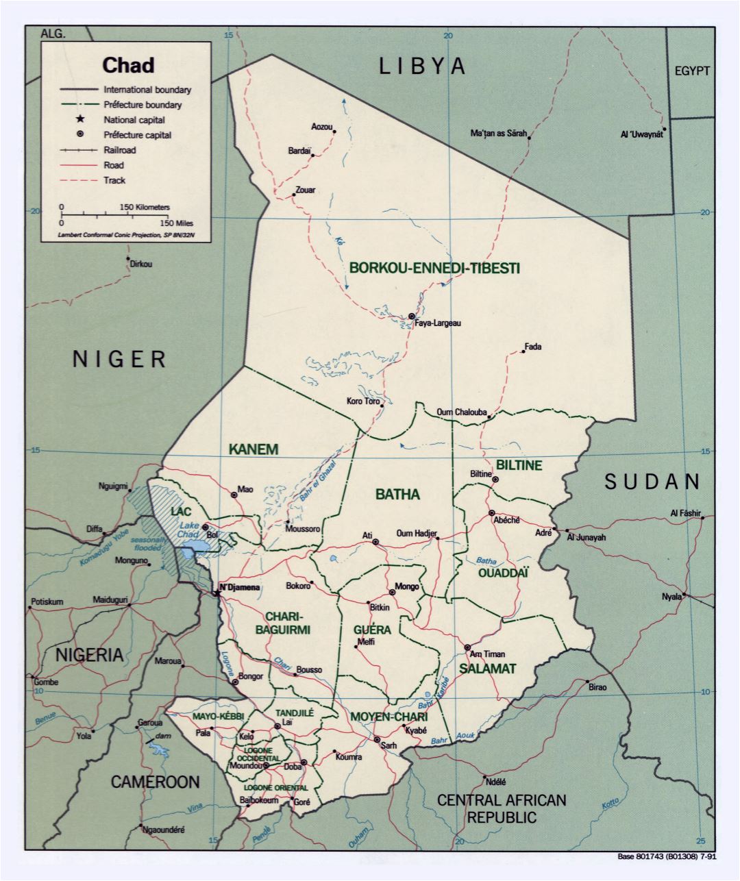 Большая детальная политическая и административная карта Чада с дорогами и крупными городами - 1991