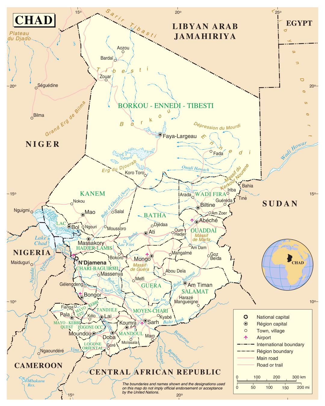 Большая подробная политическая и административная карта Чада с дорогами, городами и аэропортами