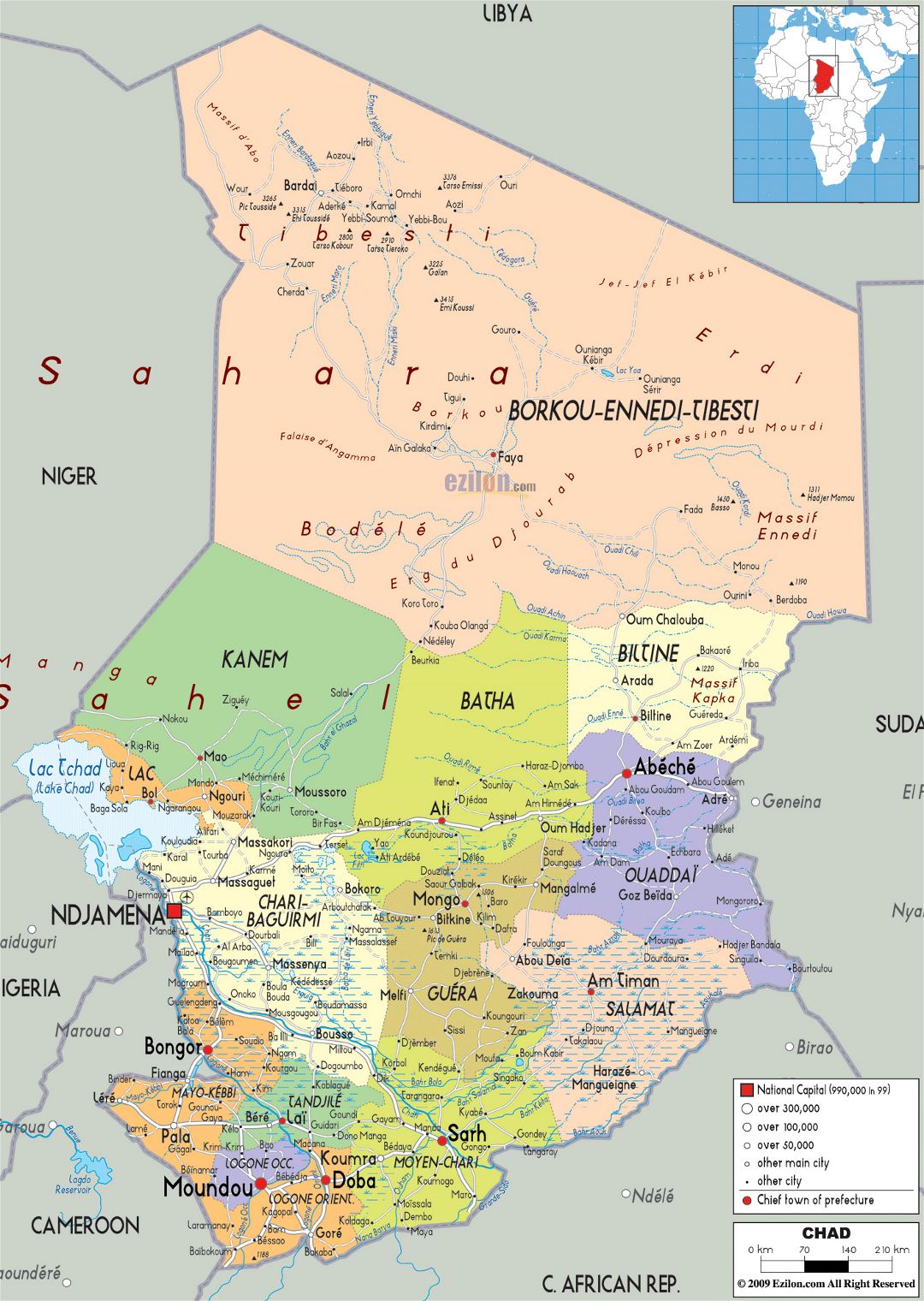 Большая политическая и административная карта Чада с дорогами, городами и аэропортами