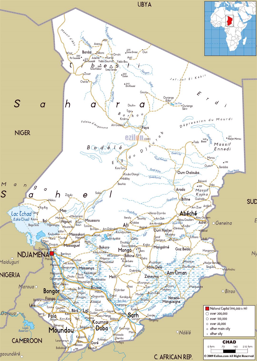 Большая карта дорог Чада с городами и аэропортами