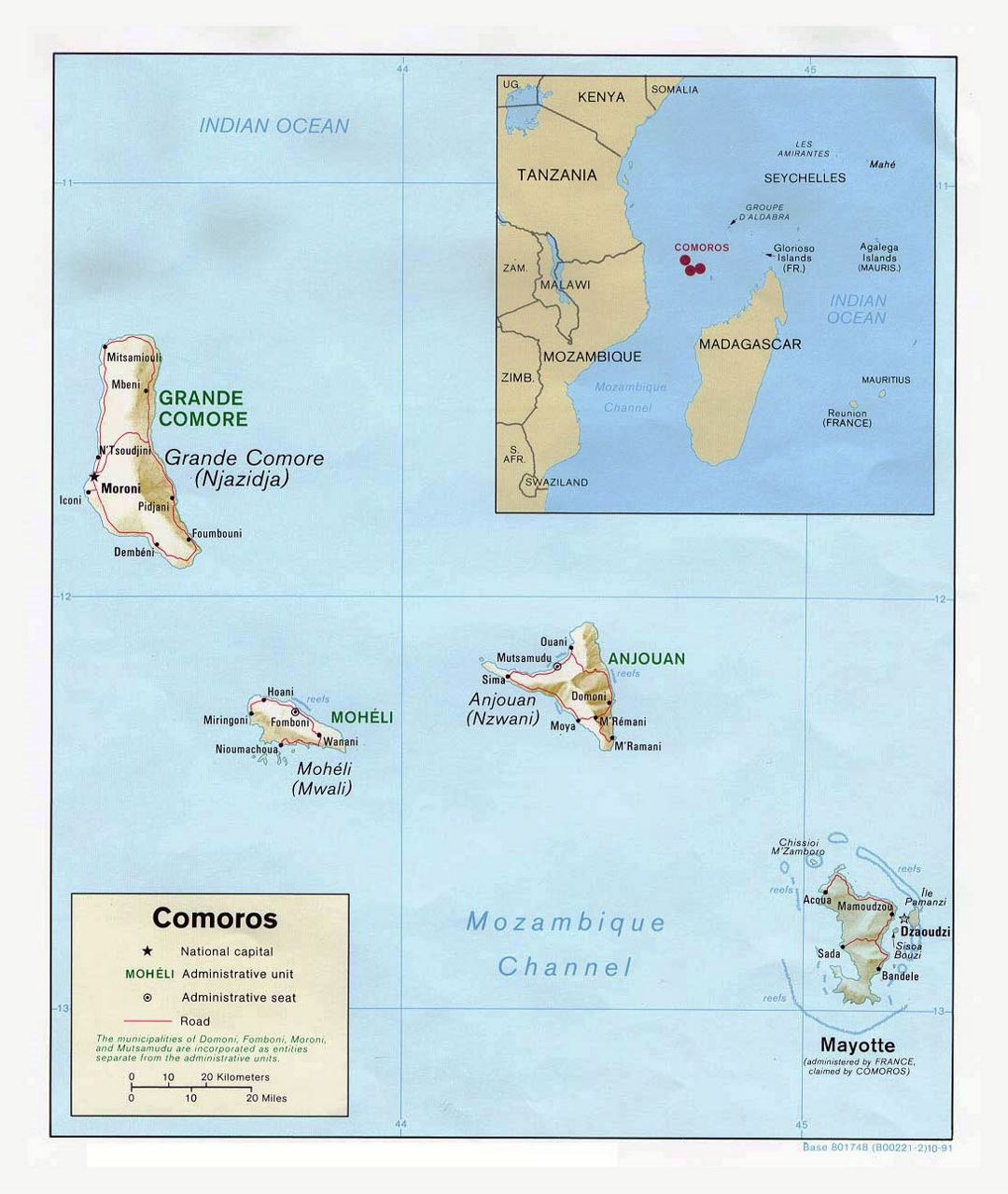Детальная политическая карта Комор с рельефом, дорогами и городами - 1991