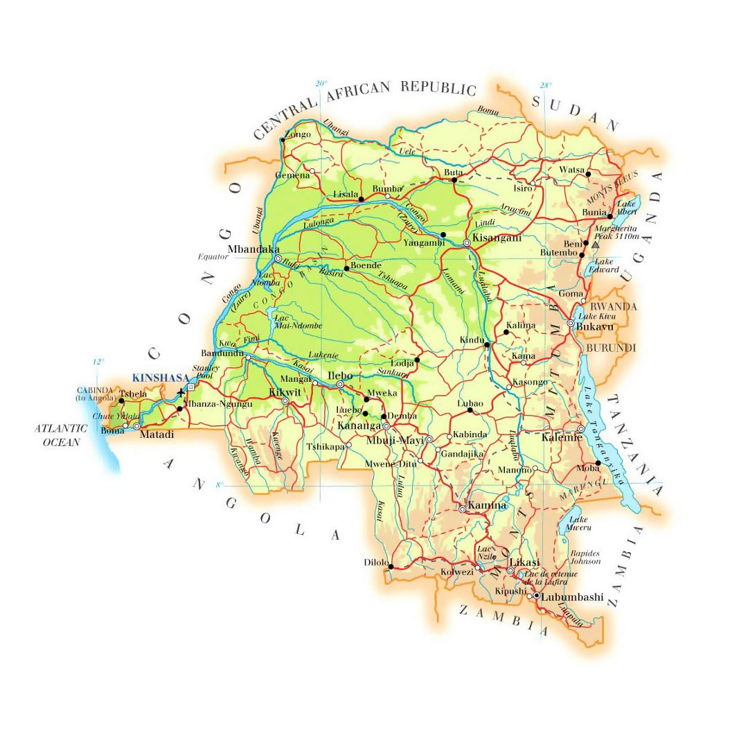 Детальная карта высот Демократической Республики Конго с дорогами, городами и аэропортами